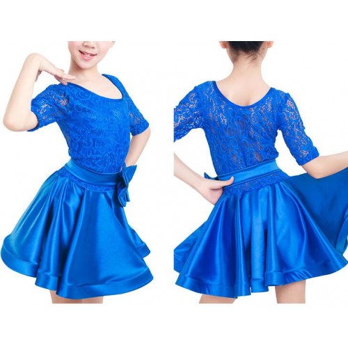 Kids latin dresses girls children stage performance competition rumba chacha salsa stretchable shiny satin lace dancing dresses